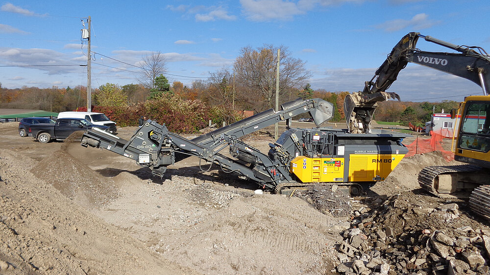 Crushing on-site at a demolition job-site in Ontario, Canada